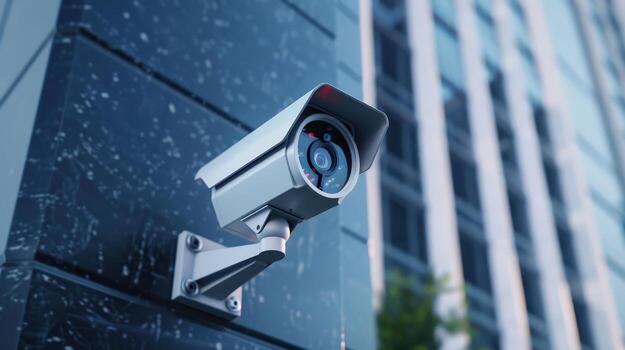 A security camera is mounted on wall. The camera is facing the street and is positioned to capture the view of the building photo