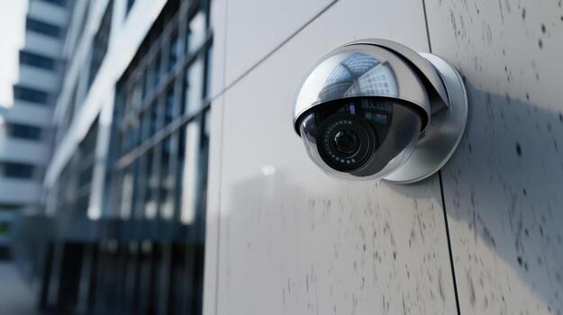 A security camera mounted on a wall. The camera is facing the street and is positioned to capture the view of the building photo
