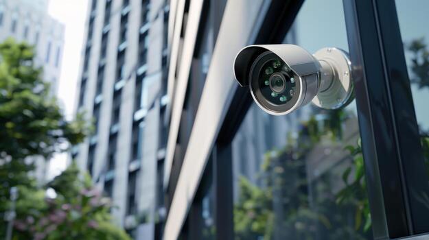security camera is mounted on a wall. The camera is facing the street and is positioned to capture the view of the building photo