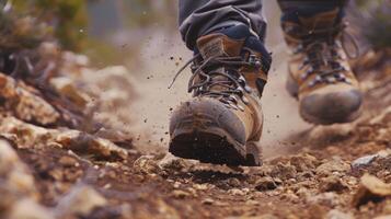un persona es caminando en un rocoso sendero su pies en el suciedad. el persona es vistiendo botas y tiene un mochila en. concepto de aventuras y exploración foto