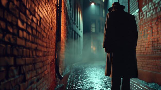 man in a hat is walking down a brick alleyway. The alleyway is dark and wet, with a brick wall on one side. The man is wearing a black coat and he is looking down photo