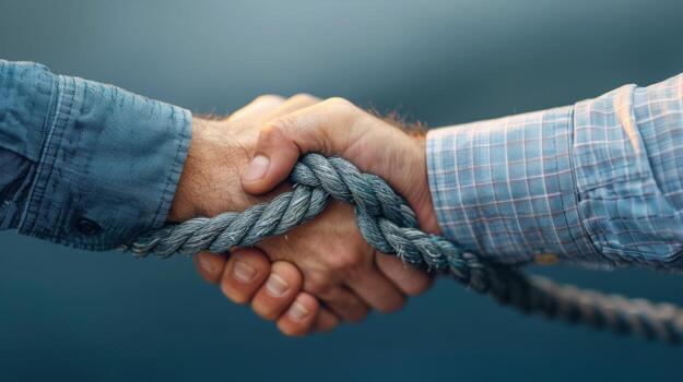 Two men shaking hands with a rope in between them. The rope is tied in a knot. Concept of tension photo