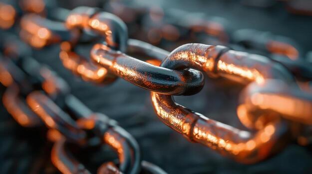 A chain link is shown in a close up, The chain is rusted and worn, and the links are bent and twisted. Concept of decay and abandonment, as if the chain has been left to rust photo