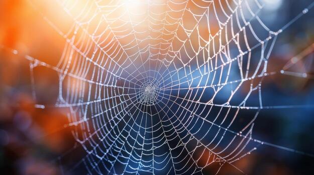 A spider web is shown in a blurry, colorful image. The web is made of many thin, delicate strands that are connected to each other. The image has a dreamy, ethereal quality to it photo
