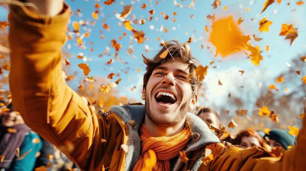 A man is throwing leaves in the air and smiling. The leaves are falling from the trees and the sky is clear. The man is surrounded by a group of people who are also throwing leaves photo