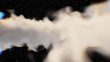 profundo espacio viaje, volador mediante brillante blanco nubes con sutil cromático aberración y arco iris ligero efectos caracteristicas un estrellado negro antecedentes y etéreo atmósfera. resumen cósmico proyectos video