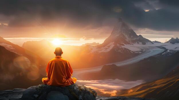 A man meditating on a mountain top. The sun is setting in the background, casting a warm glow over the scene. The man is wearing an orange robe, and the mountains in the background are covered in snow photo