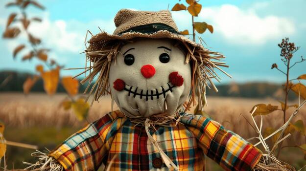 A scarecrow with a hat and a red nose is standing in a field of yellow photo