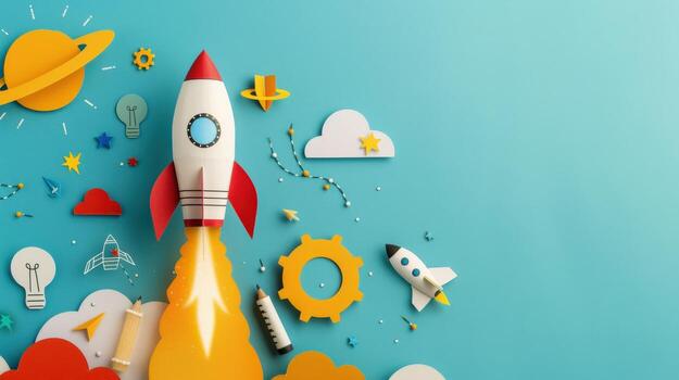 vistoso papel cohete es volador mediante el cielo con un azul antecedentes. el cohete es rodeado por varios otro papel objetos, incluso un lápiz, un libro, y un reloj foto