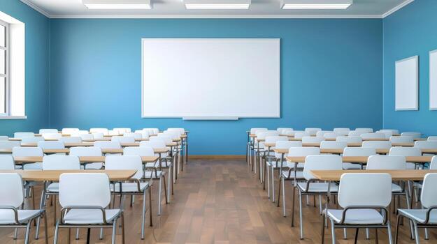 A classroom with a white board and many empty desks photo