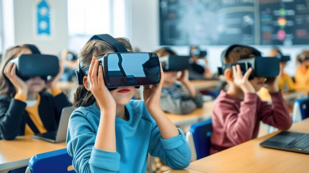un grupo de niños son vistiendo virtual realidad auriculares en un aula. el niños son mirando a un pantalla y Aparecer a ser comprometido en el actividad foto