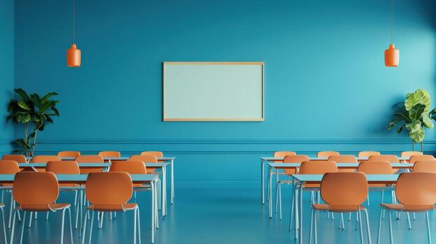 A classroom with a white board and orange chairs. The room is empty and the walls are blue photo