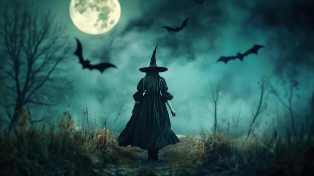 A woman in a witch costume is walking through a forest at night. There are bats flying overhead, and a full moon is visible in the sky. Scene is eerie and mysterious photo