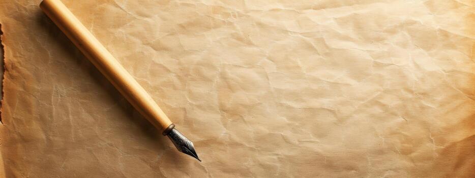 A pen is on a piece of paper with a brown background. The pen is on the paper in a way that it is almost as if it is writing on the paper photo