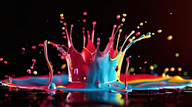 un vistoso chapoteo de pintar con arco iris corona en parte superior foto