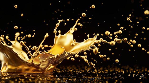 A splash of gold liquid is splashing out of a container photo