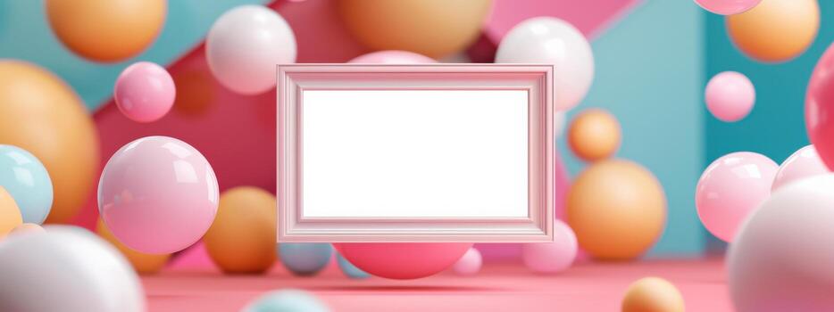 A frame with a white background and pink and orange balls surrounding it photo