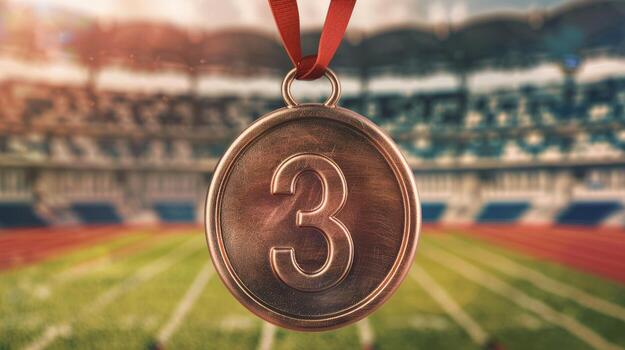 A gold medal with the number 3 on it is suspended from a red ribbon photo