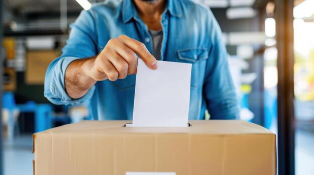 un hombre es poniendo votar elección blanco pedazo de papel dentro un caja. el caja es marrón y tiene un etiqueta en eso foto