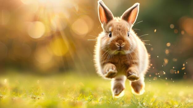 A rabbit is jumping in the air surrounded by leaves and dirt photo
