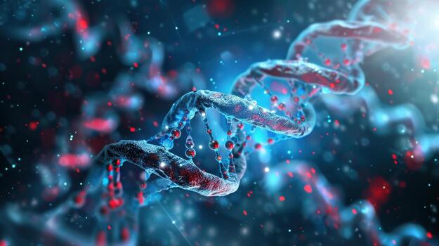 un azul y rojo adn hebra con un rojo punto en el medio foto