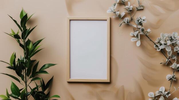 A white frame with a picture of a plant in it sits on a wall photo