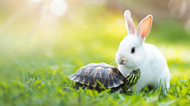 A turtle and a rabbit are sitting in the grass photo