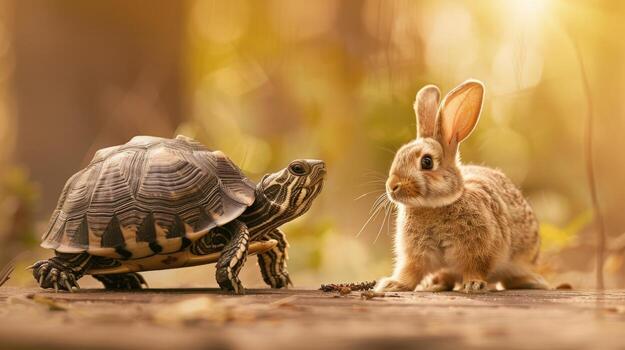 A turtle and a rabbit are standing next to each other photo