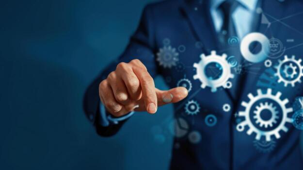 A man in a suit is pressing a button on a computer screen that shows gears. Concept of technology and innovation, as well as the importance of problem-solving and progress photo