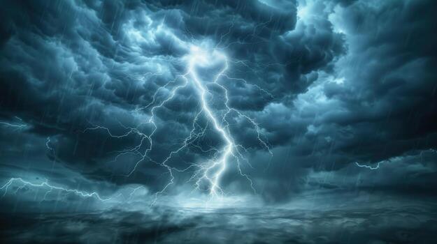 A stormy sky with a lightning bolt in the middle photo