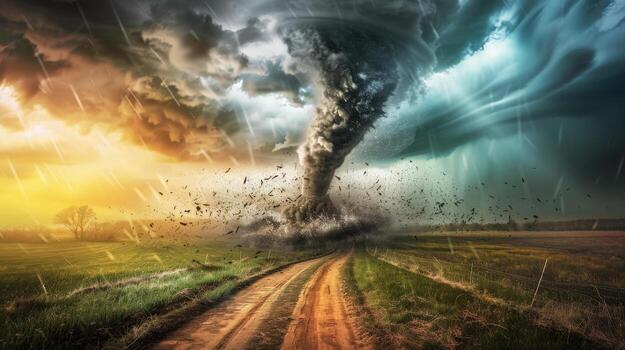 A tornado is depicted in a field with a stormy sky above photo