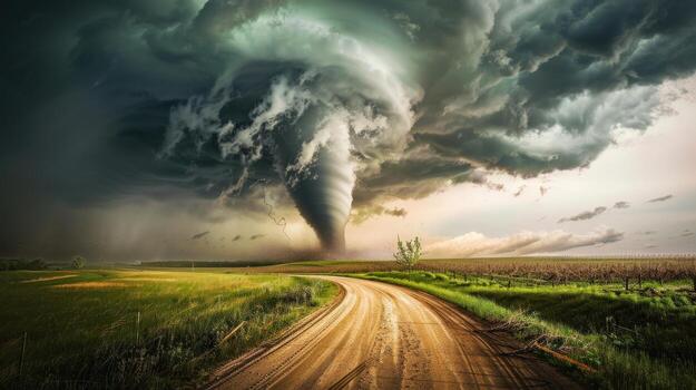 A tornado is seen in the distance as it passes over a road. The sky is dark and stormy, and the road is muddy photo
