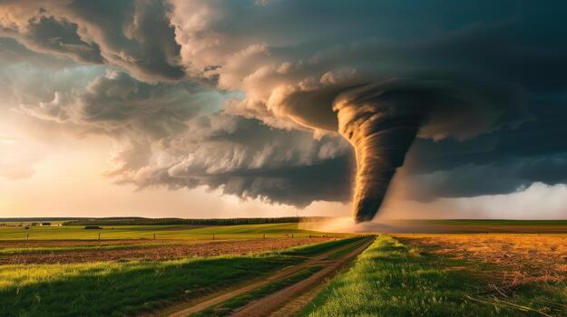 A tornado is seen in the distance, with a storm cloud in the background. The sky is dark and ominous, and the grass is dry and brown. Scene is tense and foreboding photo