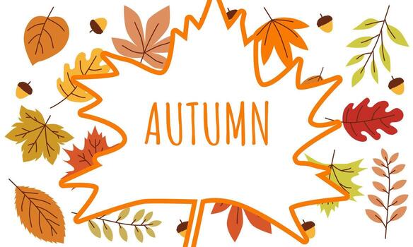 Autumn background with orange maple leaf frame and scattered fall elements vector