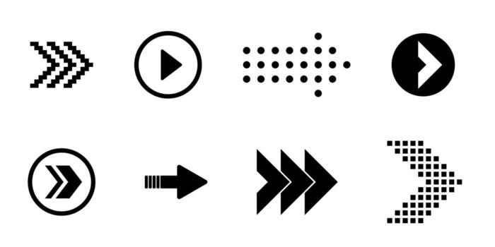 Arrow icons collection for swipe and scroll with line pixel dotted and solid styles pointing right left up down for next button and touch screen hand gesture interface vector