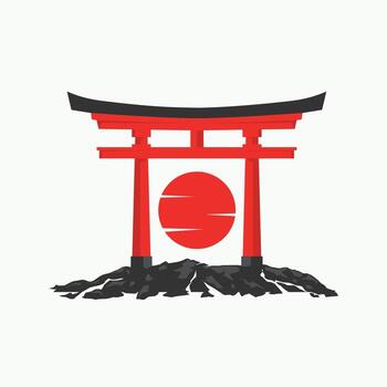 stylized representation of a Japanese Torii gate with a red rising sun in the background. vector