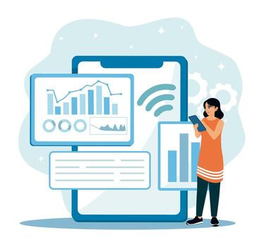 Woman using mobile device for data analysis vector