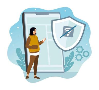Woman with smartphone near shield icon vector