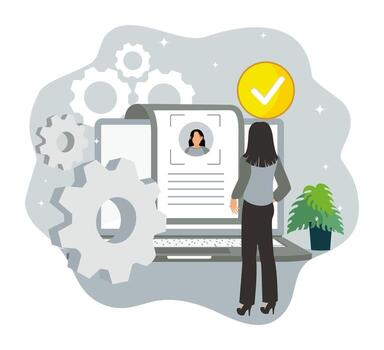 Woman managing digital profile on laptop vector