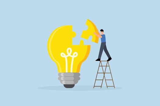 resolver negocio problema con creatividad, empresario poner juntos final rompecabezas pedazo a terminar rompecabezas de idea para bombilla vector