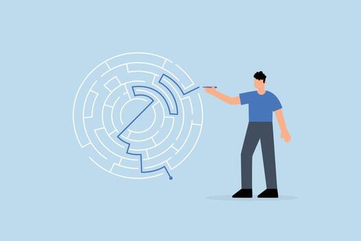 solución resolviendo negocio problema, empresario sorteos línea a espectáculo solución a un laberinto problema vector