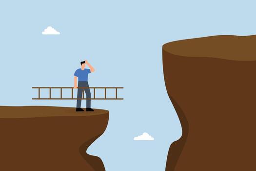 solución a resolver problema, empresario sostiene escalera ese es a ser subido arriba a mayor acantilado vector