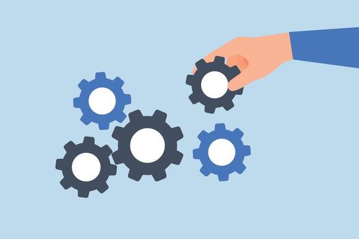 Business solution to fix problem, businessman hand put important gear to make machine run good vector