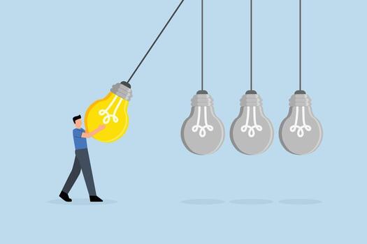 Knowledge sharing, business manager pulls light bulb into pendulum to convey information vector