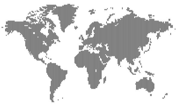 Vertical world map with pixel-shaped continents arranged in a graphic format. The design features global territories including Africa, Asia, and America with a futuristic grid pattern. vector