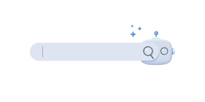 Chatbot character with search bar and magnifying glass. AI help and support with information, SEO, questions. Artificial intelligence support, service concept. vector