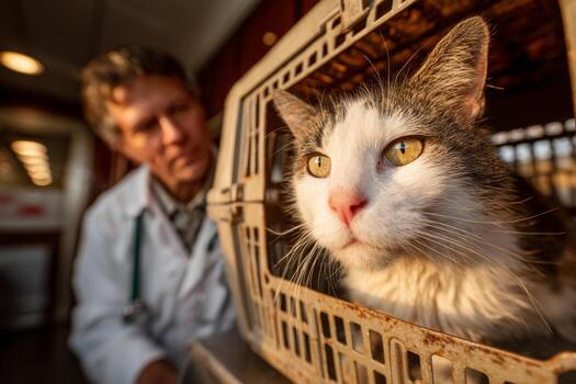 A cat is sitting in a cage with a man behind it photo