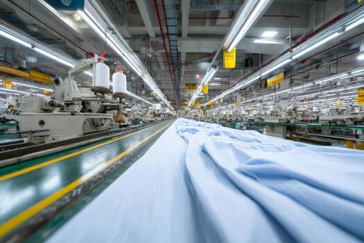 A factory with many machines and clothing on the line photo