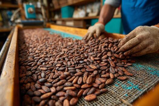 Cocoa beans are sorted at a cacao plantation in the cayman islands photo