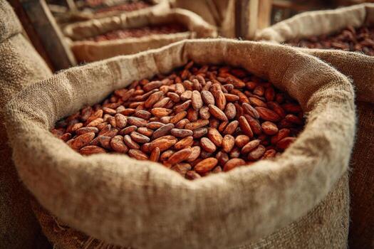 Cocoa beans in bags photo